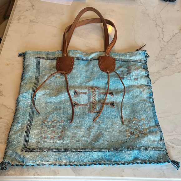 Handcrafted Blue Tote Bag with Tan Accents - Picture 1 of 3
